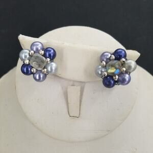 Vintage Earring Blue Tone Faux Pearl Clip On Rhinestone Earrings